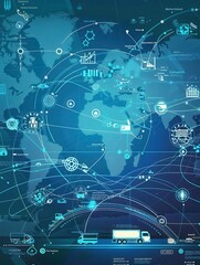 Poster - A world map displays global transport routes with icons representing diverse methods of transportation, emphasizing logistical connections. Generative AI