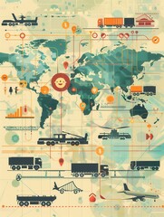 Fototapete - A world map illustrates important transport routes, showcasing different types of vehicles and their connections across the globe. Generative AI