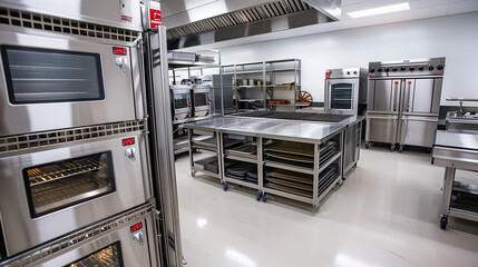 An expansive and pristine commercial kitchen equipped with stainless steel appliances and countertops