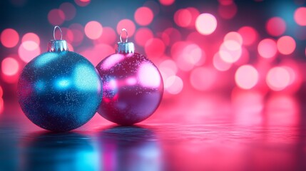 Neon Christmas ornaments in bright blue and pink, reflecting off chrome surfaces, illuminated by holographic lights, futuristic, 3D render, high contrast, vibrant colors