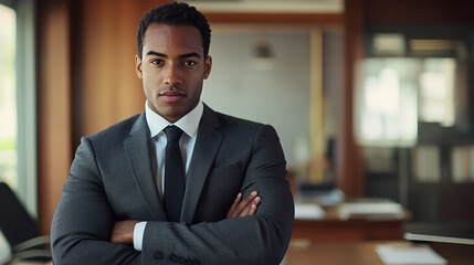 A confident insurance agent in a professional setting, posed in front of a desk with policies and documents visible