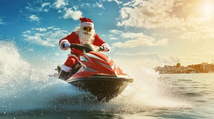 Santa riding a jetski with gift bag box.