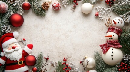 Holiday frame background template with cute snowman, decoration ornaments. Winter holiday theme.