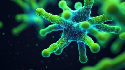 Poster - microscopic view of vibrant green and blue bacteria on dark background.