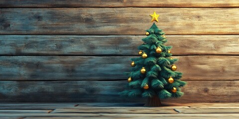 Decorated green fir tree with golden ornaments on a rustic wooden background, festive decoration, holiday vibe