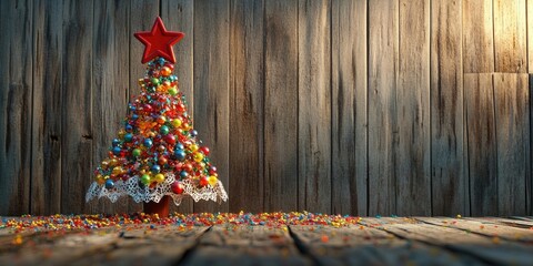 Colorful confetti Christmas tree with lace and red star ornament on vintage wooden background, conveying festive spirit and joy for merry Christmas and happy new year 2025