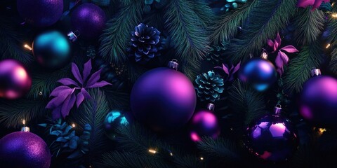 Festive top view of a decorated Christmas background featuring colorful ornaments and pine branches, ideal for holiday greetings and seasonal designs