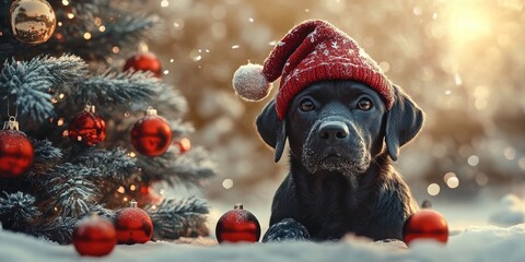 Wall Mural - Black Labrador dog in a festive gnome cap positioned beside a beautifully decorated Christmas tree adorned with sparkling garlands