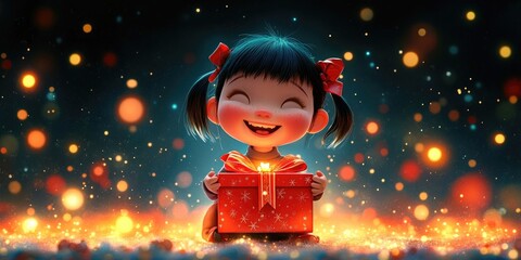 Wall Mural - Delightful little girl joyfully unwrapping a New Year's gift, capturing the spirit of celebration and holiday cheer