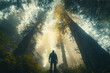 © VanDesigns - Hiker with backpack standing among tall trees in forest, low-angle shot