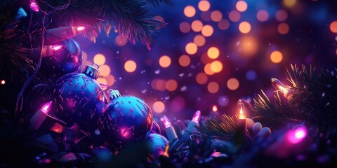 Festive Christmas and New Year holiday background featuring colorful decorations and light bulbs, ideal for seasonal greeting cards and gift wrapping