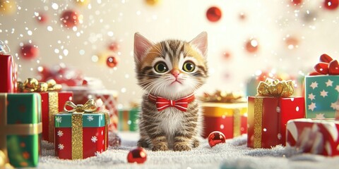 Wall Mural - Adorable kitten surrounded by colorful Christmas gifts on a white background, perfect for holiday greeting cards