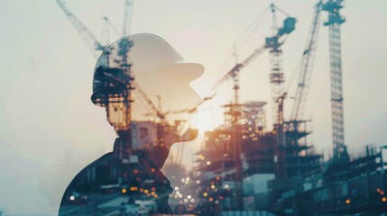 Poster - Construction Worker Silhouette at Dusk Over City Site