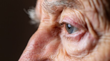 Wall Mural - Close-up of a veteran face, eyes closed in reflection against a light brown background.