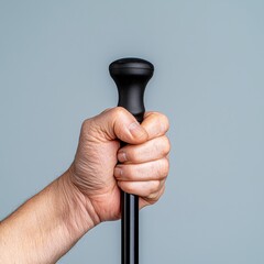 Wall Mural - Close-up of a veteran hand on a cane with a light gray background.