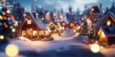 Wall Mural - Charming small village adorned with twinkling lights and artificial snow, showcasing delightful Christmas decorations of miniature houses and figures