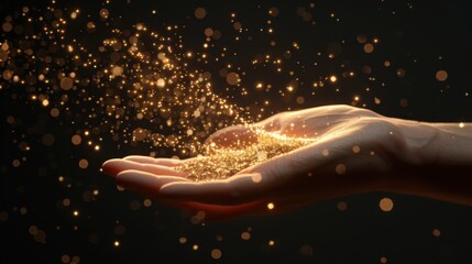 Canvas Print - Magical Hand with Golden Particles in Dark Background