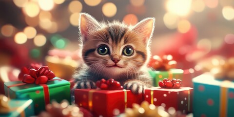 Wall Mural - Adorable kitten surrounded by colorful Christmas gifts on a white background, perfect for holiday greeting cards