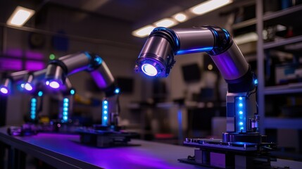 Poster - Industrial robot arms with vision systems, depicting robotic arms equipped with advanced vision sensors and cameras for enhanced accuracy in assembly, quality control, and picking tasks.