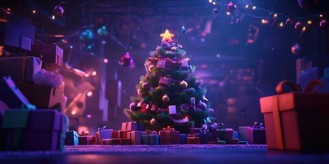 Wall Mural - Festive Christmas tree adorned with beautifully wrapped gifts and presents, creating a joyful holiday atmosphere