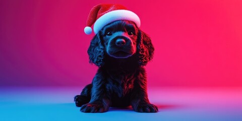 Wall Mural - Silhouette of a cocker spaniel puppy adorned with a festive Santa hat, perfect for holiday greetings and seasonal celebrations