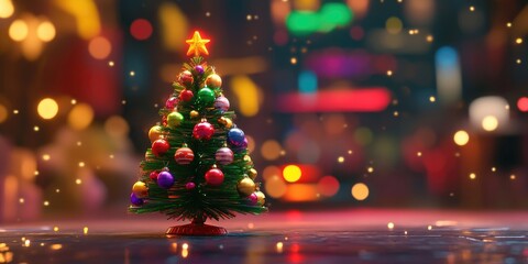 Sticker - Small artificial Christmas tree adorned with colorful ornaments and twinkling lights, perfect for festive home decoration