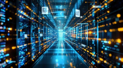 Poster - Futuristic Data Center with Glowing Pathways and Lights