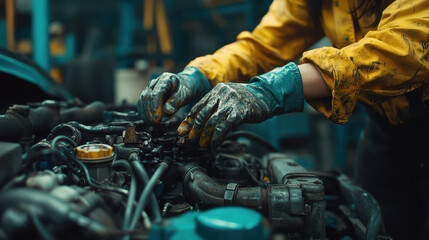 female mechanic is working on vintage car engine in garage, showcasing her skills and dedication. scene captures intricate details of engine and her focused expression