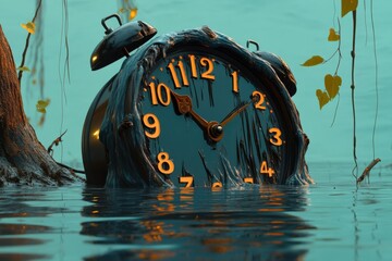 A clock melting away as time runs out, surreal imagery with flowing numbers and liquid-like clock face