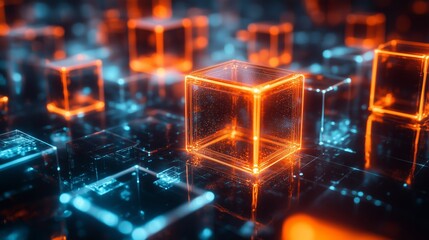 Poster - Abstract background with glowing neon cubes and glass blocks forming an intricate pattern, symbolizing the complexity of data science in digital marketing.
