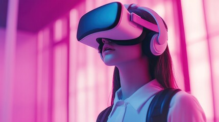 Poster - Innovation in virtual reality for education background, filled with immersive learning environments, virtual classrooms, and interactive VR experiences,