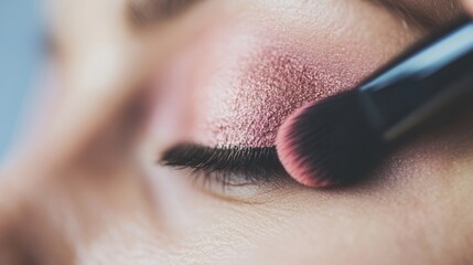 A makeup artist delicately applies blush to enhance the woman's features in a contemporary beauty environment