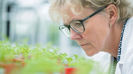 A focused scientist closely examines young plants in a laboratory, symbolizing botanical research, sustainability, and the study of plant growth.