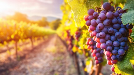 Poster - Ripe grapes bask in the warm sunlight among vibrant green vines in a scenic vineyard at the end of the day, ready for harvest