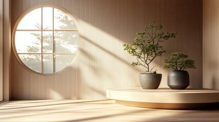 Poster - A wooden podium with a small round window and plants on it, creating an atmosphere of tranquility in the Japanese-style interior design