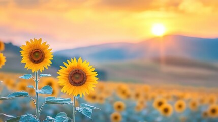 Wall Mural - A beautiful sunset illuminates a field filled with blooming sunflowers, creating a breathtaking view in the evening light