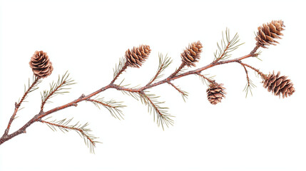 Redwood tree leaves, twig with small pine cones isolated on white background.