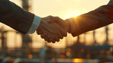 businessmen shaking hands in close-up, symbolizing successful energy deal, with energy infrastructur