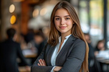 A young woman in the office, smiling at the camera