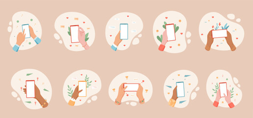 Cartoon hands hold smartphones in various styles with social media and chat applications. Blank mobile screens set show diverse digital communication concept in a colorful flat design, social template