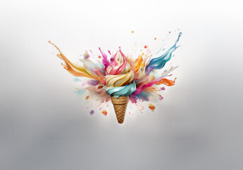 Poster - An ice cream cone with colorful, abstract paint splatters exploding around it.