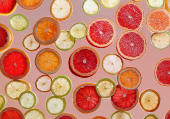 Poster - Citrus fruit slices arranged on a pink background.