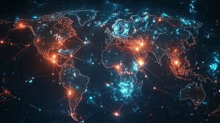 A Glowing World Map with Connecting Lines and Bright Spots