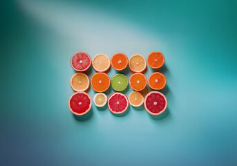 Aufkleber - Citrus fruit slices arranged on a turquoise background.