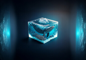Aufkleber - A whale swims through an underwater scene encased in a crystal cube.