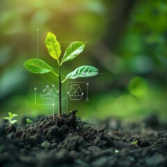 Green sprout growing in soil with bokeh background.