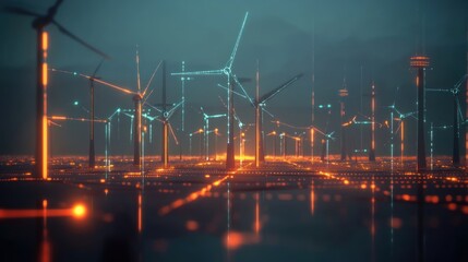 Poster - Renewable energy data networks with glowing lines, showing interconnected glowing lines between solar panels, wind turbines, and energy grids, 