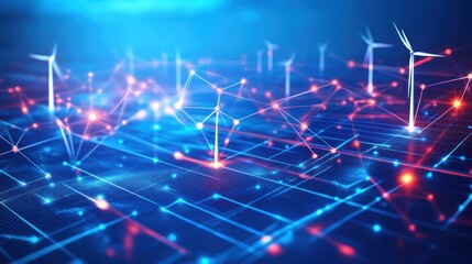 Wall Mural - renewable energy data networks with glowing lines, showing interconnected glowing lines between sola