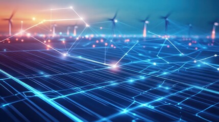 Wall Mural - renewable energy data networks with glowing lines, showing interconnected glowing lines between sola
