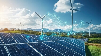 Wall Mural - renewable energy technology background, combining solar panels, wind turbines, and energy data strea